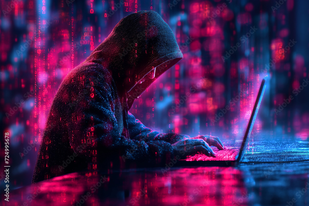 Poster Portrait of a hacker who broke into a computer system.
