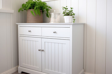 Fototapeta na wymiar White chest of drawers with plant in vase, interior design