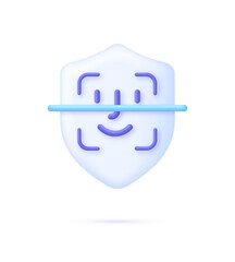 3D Face recognition illustration on shield. Concept of facial recognition, face ID system, biometric identification