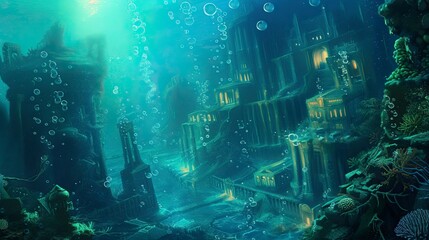 Mystical Underwater Anime City with Illuminated Buildings