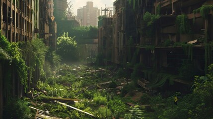 Nature's Return to the Urban Realm - Anime-Style Illustration of a Reclaimed City Street