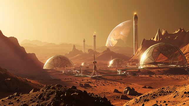 Futuristic Martian Colony with Geodesic Domes in Red Desert Landscape