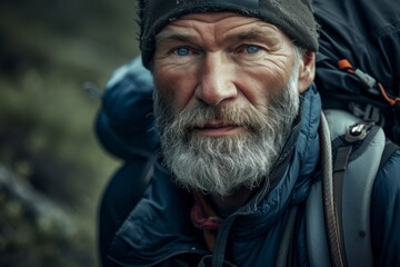 Rugged studio portrait of a middle-aged man with a rough beard, in outdoor gear, conveying a sense of adventure, against a natural, wilderness background