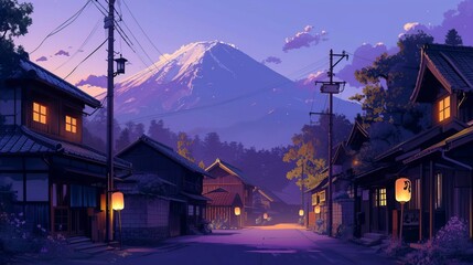 Twilight Serenity in Anime Village - Traditional Japanese Dusk Scenery