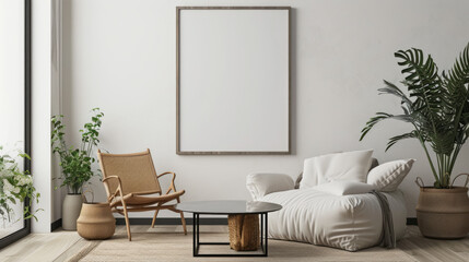 Frame mockup, reflective glass, mockup poster on the wall of living room. Interior mockup. Apartment background. Modern interior design, Generative Ai.