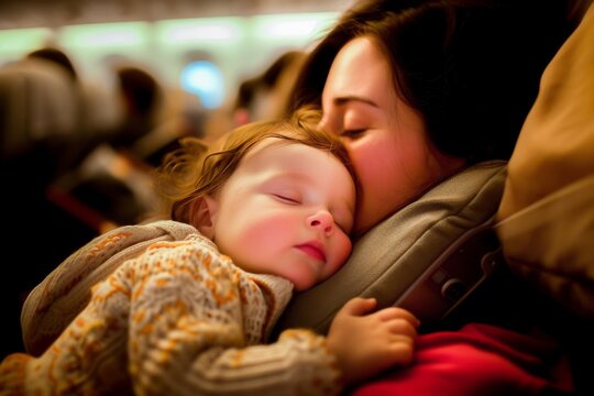 A serene moment as a mother gently cuddles her sleeping baby with love and care during a flight.