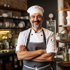 Caucasian middle aged male chef in a chef's hat with arms crossed wears apron standing in restaurant kitchen and smiling