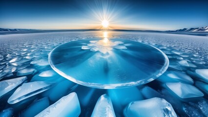 Abstract light, the sun in a fantastical landscape; ice explosion, bright and magical 3D palette.