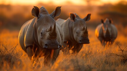 Rhinos in the Glow of African Sunset