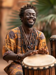 Joyful African Drummer in Traditional Attire
