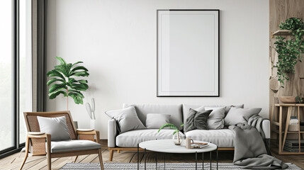 Frame mockup, reflective glass, mockup poster on the wall of living room. Interior mockup. Apartment background. Modern interior design, Generative Ai.