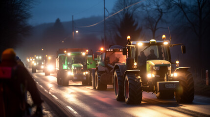 Obraz premium Farmers protesting on public road. Farmers strike blocking road with tractors.