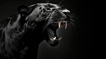 Foto op Plexiglas Close-up of the muzzle of an enraged black panther. Toothed big cat in monochrome style. Animal in habitat. Natural background. Illustration for cover, postcard, interior design, banner, brochure, etc © Login