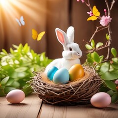 Fototapeta na wymiar Easter greeting card with easter bunny, grass and eggs in nest, isolated on white background