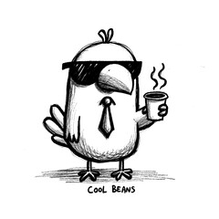 chicken with glasses and a cup of coffe in the style of childish hand drawn drawing. Perfect design for greeting cards, posters, T-shirts, banners, print invitations