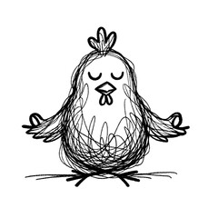 chicken meditating in the style of childish hand drawn drawing. Perfect design for greeting cards, posters, T-shirts, banners, print invitations