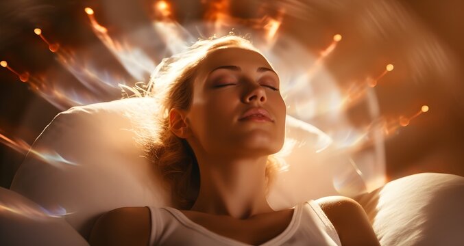 Young beautiful woman lying down meditating eyes closed, sending out positive vibes with powerful intent
