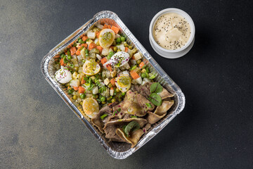 Delivery of delicious salads. Close up