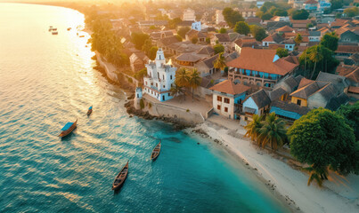 colorful exotic seascape with boats near Zanzibar shore in Africa - obrazy, fototapety, plakaty