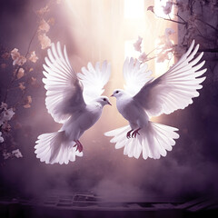 Two beautiful white doves in flight, facing each other, lilac purple tint soft focus background header ideal for a wedding invite or an order of service for a funeral 

