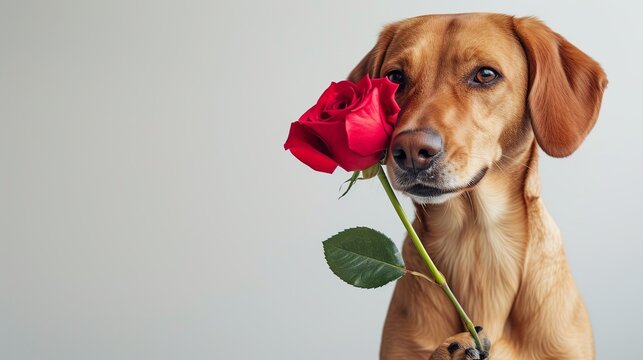 Charming dog holding a vibrant red rose in its mouth against a plain white background.