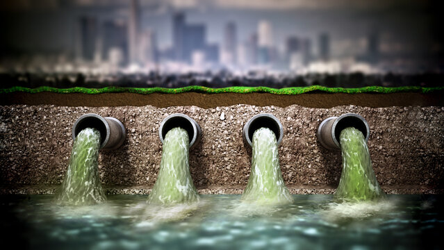 Dirty water pouring into the water from sewer pipes. 3D illustration