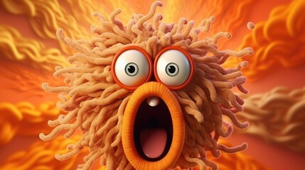 Fototapeta premium A fluffy ball-shaped surprised purple colored monster screams and waves its arms. Shocked smiley face. Funny children's toy. Facial expression. An illustration of a varied design.