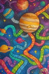 Cosmic maze of stars and planets illustration