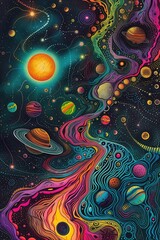 Cosmic maze of stars and planets illustration