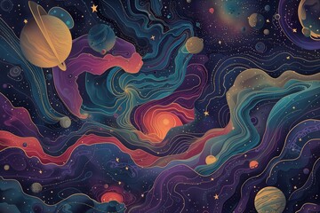 Cosmic maze of stars and planets illustration