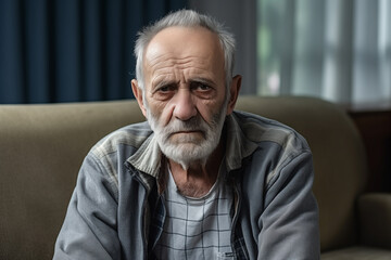 A sad, tired, sick, lonely, disappointed elderly man is sitting on a couch - obrazy, fototapety, plakaty