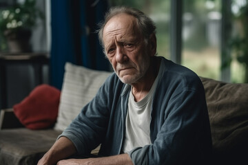 Fototapeta premium A sad, tired, sick, lonely, disappointed elderly man is sitting on a couch