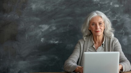eldery woman person working on laptop, copy space
