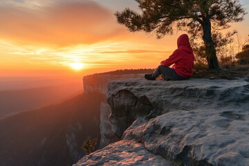 A person sitting on the edge of a cliff watching the sunset