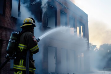 A firefighter holding a hose spraying water on a burning building