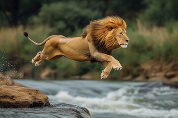 A lion jumping over a river