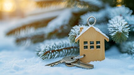 Fototapeta na wymiar Key with house shaped keychain. Modern country private house with winter snowy garden on the background. Real estate, moving home or renting property concept.