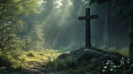 cross in the forest illustration.