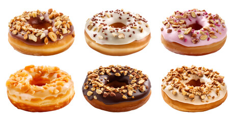 Fototapeta na wymiar Collection of round donut doughnut, glazed frost nut set, side view on transparent background cutout, PNG file. Many assorted different. Mockup template for artwork
