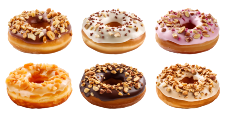 Collection of round donut doughnut, glazed frost nut set, side view on transparent background cutout, PNG file. Many assorted different. Mockup template for artwork