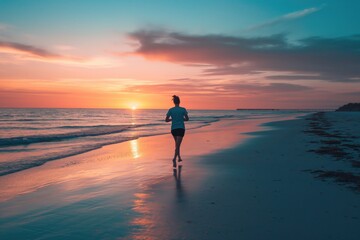 A person running on the beach against a sunset background