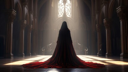 A lady in a long red cloak stands in front of the window of an ancient castle in the rays of sunlight falling from the window, view from the back.