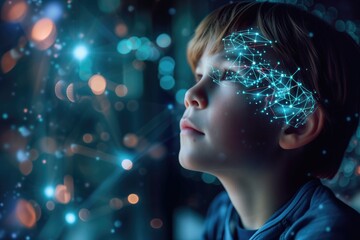 Child with a cybernetic brain that gives him access to the global network and artificial intelligence - obrazy, fototapety, plakaty