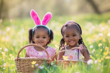 Joyful children, two little african american girls in Easter bunny costumes with baskets