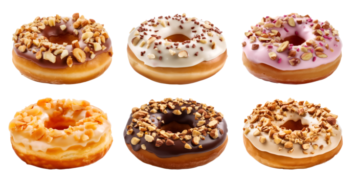 Collection of round donut doughnut, glazed frost nut set, side view on transparent background cutout, PNG file. Many assorted different. Mockup template for artwork