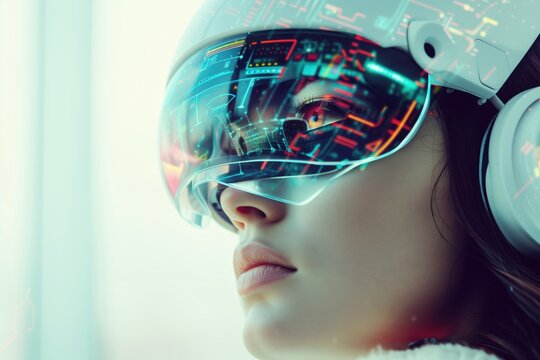 Woman with a cybernetic eye and a headset that allow her to see and hear in augmented reality