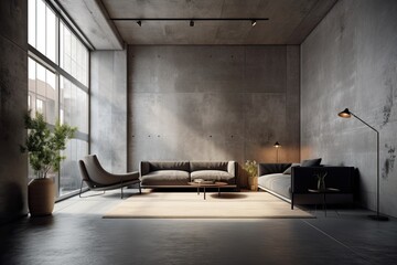 Realistic depiction of a modern minimalist interior with concrete grunge black walls that would work well as a virtual backdrop or in video conferences - obrazy, fototapety, plakaty