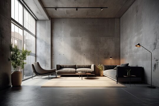 Realistic depiction of a modern minimalist interior with concrete grunge black walls that would work well as a virtual backdrop or in video conferences