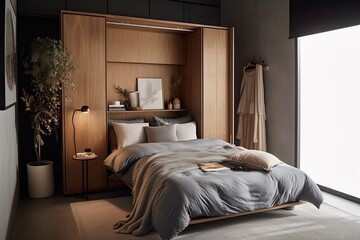 Folding bed within a dark gray wardrobe with a white comforter, a floral blanket, wooden shelves, and other cushions in a holiday rental studio