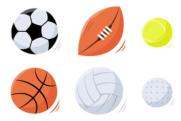 Set of sport balls in hand draw style isolated on white.Soccer, football,rugby,basketball,volleyball,golf, and tennis ball.Vector illustration of sport equipment . Flat style. 